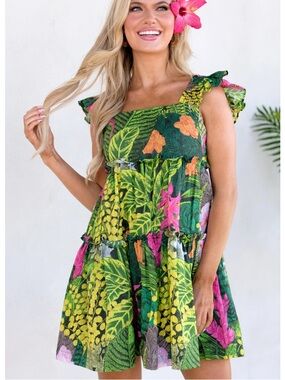 Red dress boutique Tropical Green Floral Ruffle Strap Sundress